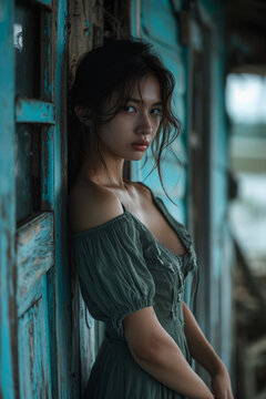 a woman in a blue dress posing beside a rusted building, in the style of thai art, zeiss batis 18mm 