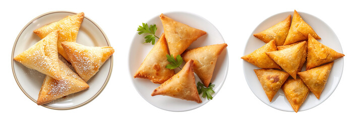 Collection of top view of Briwat puff pastry triangles over isolated transparent background