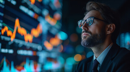 Businessman in glasses analyzing glowing stock market data on digital screens during a late-night session.