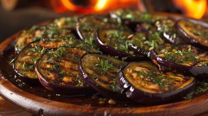 The comforting scent of roasted eggplant fills the air as it sizzles over the flickering flames of the fireplace. The combination of herbs and olive oil give this dish a burst