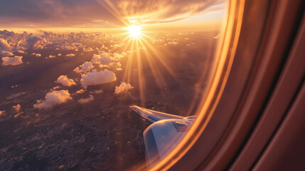 Vista de dentro de um avião durante a hora dourada