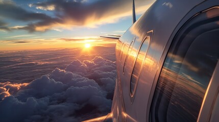 Vista de dentro de um avião durante a hora dourada - obrazy, fototapety, plakaty