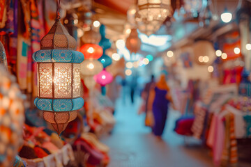 Colorful Moroccan market with festive products and colorful decorations for Ramadan concept