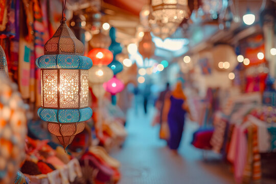 Colorful Moroccan market with festive products and colorful decorations for Ramadan concept