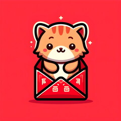 flat logo of chibi cat isolated on a red lucky envelope