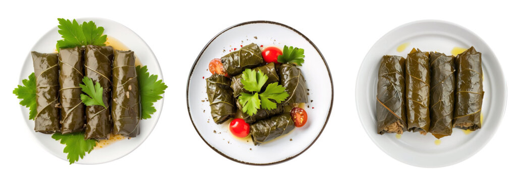 Top view of Dolma grape leaves over white transparent background. Ramadan concept
