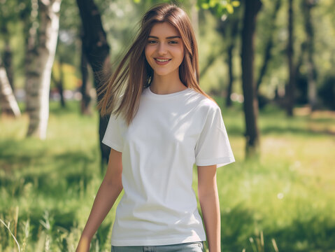 White short sleeves T-shirt mockup on a young smiling girl, park and nature background summer