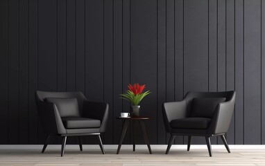 Modern minimalist interior of black armchairs with wooden table against bright wall and wooden floor. generative ai