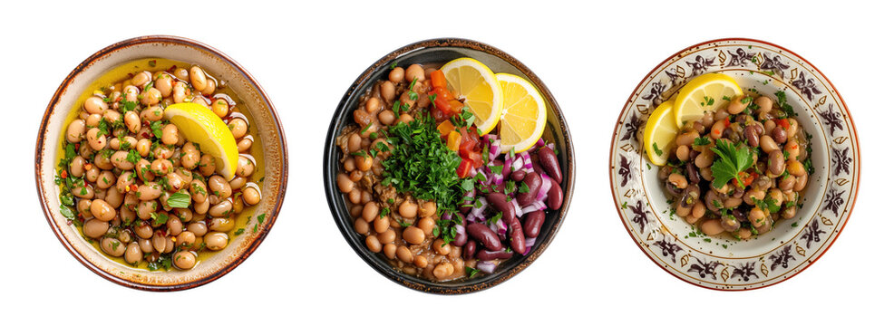 Collage of ful medames traditional food for Ramadan over isolated transparent background