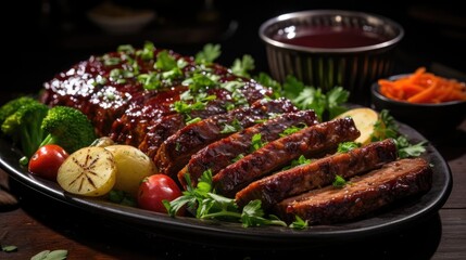 delicious meatloaf with vegetable topping, black and blurred background
