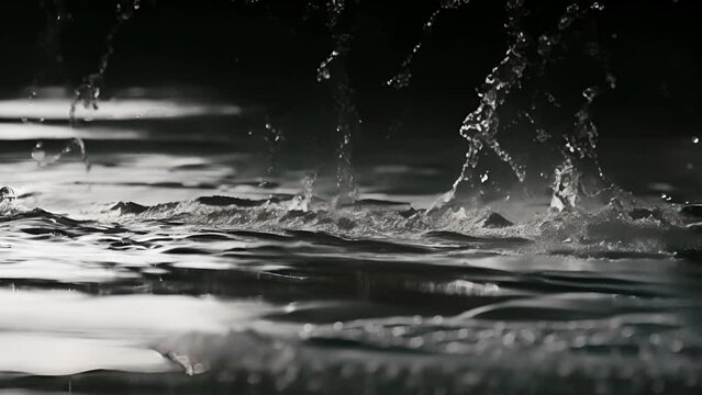 Monochrome photograph capturing the moment a droplet touches the water surface, creating ripples
