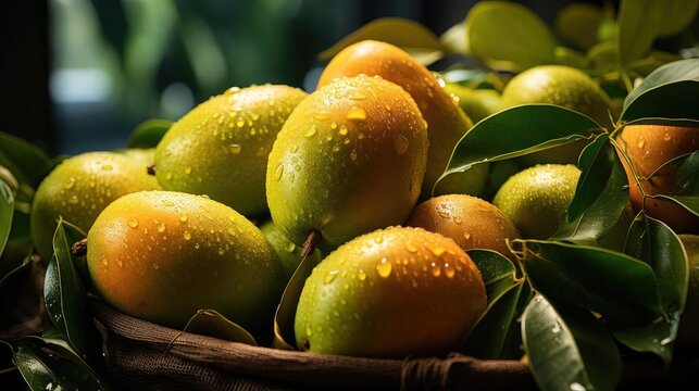 delicious fresh mangoes fruits with black and blur background