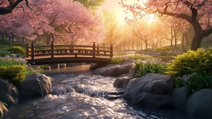 A serene Zen garden at sunrise, with a gently flowing stream, cherry blossoms in full bloom, and a...