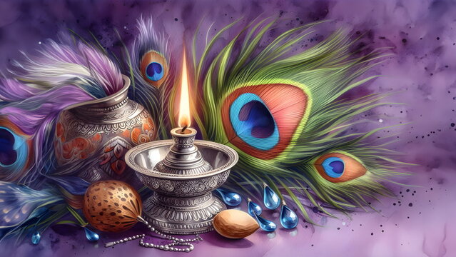 watercolor illustration of a silver oil lamp and peacock feathers on purple background for thaipusam