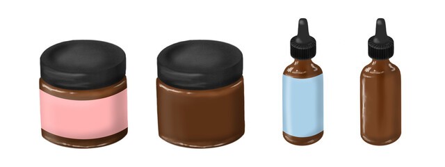 クリームや塗り薬などの容器と美容オイルなどの化粧品や薬のスポイト瓶のイラスト、ラベル有り無しセット