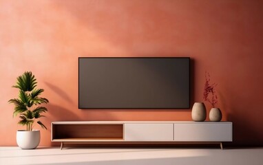 tv rack in zen modern empty room, minimal design mock up, with bright walls. generative ai