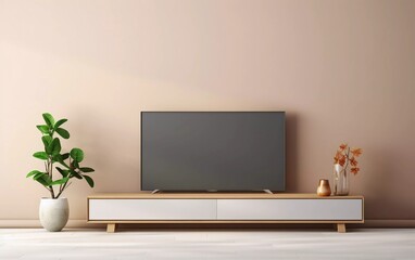 tv rack in zen modern empty room, minimal design mock up, with bright walls. generative ai