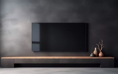 tv rack in zen modern empty room, minimal design mock up, with dark walls. generative ai