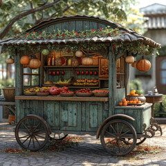 Rustic Forest Green Kebab Cart in a Bustling Street Scene