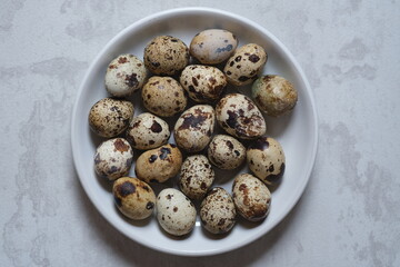 quail eggs in a white plate. proteins. allergen.