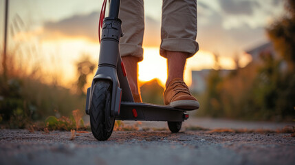 Obraz premium Legs of man standing on e-scooter 