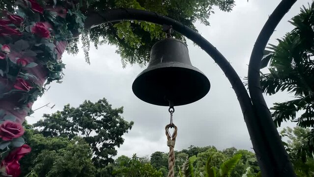 Huge Bell Of Happiness At Faber Peak's Garden In Singapore. Low Angle Shot 