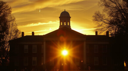 Obraz premium A historic courthouses silhouette is made even more impressive by the warm glow of the setting sun.