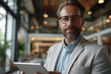 Businessman with a beard and glasses holds a tablet, standing in a contemporary office environment.