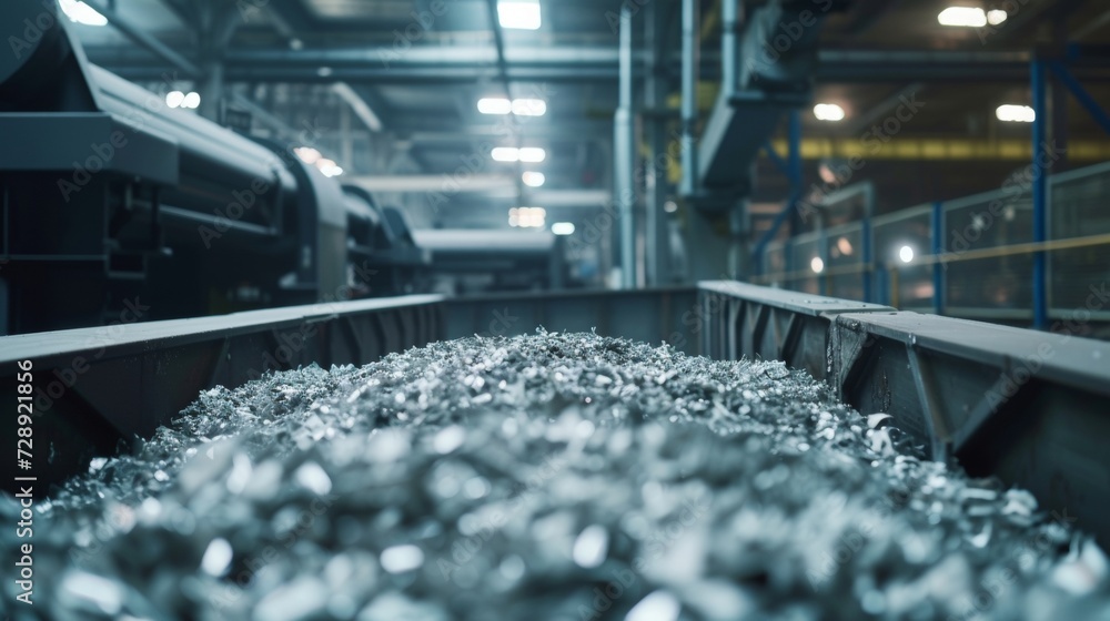 Poster in a gleaming factory facility a machine compresses s metal into dense cubes making it easier to rec