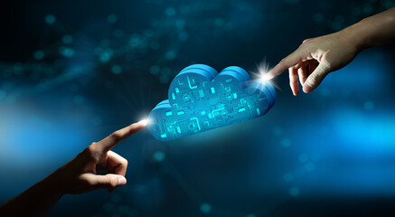 Businessman hands pointing Cloud computing technology internet storage network. Cloud service,...