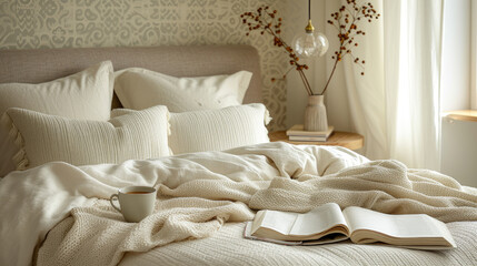 Comfort bed neat made with blanket and decorative cushions, cup of coffee and open book on...