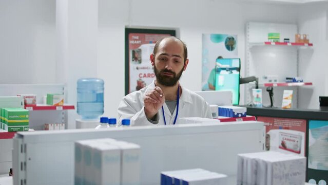 Pharmacist doing inventory using hologram projection, counting boxes of medicaments and supplements. Drugstore employee working on procuring medical supplies, artificial intelligence. Camera 1.