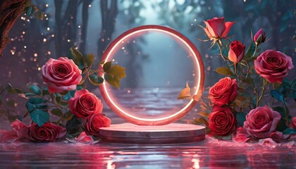 Pink color podium platform and rose flower display of cosmetic and fashion products