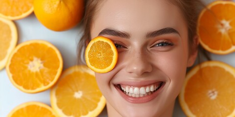 Vitamin C for skin. Closeup Beautiful young woman with juicy orange on face . Facial results, health and wellness of aesthetic model person happy with vitamin c fruit idea