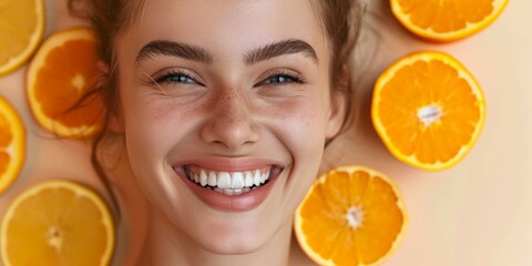 Vitamin C for skin. Closeup Beautiful young woman with juicy orange , cosmetic and dermatology. Facial results, health and wellness of aesthetic model person happy with vitamin c fruit idea - obrazy, fototapety, plakaty