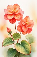 Realistic watercolor illustration of begonia flowers. Colorful, tender plant with big petals and buds in pink and orange, isolated on white - obrazy, fototapety, plakaty