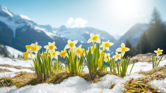 Wild narcissus flowers with snow-capped mountains at the background. Spring time. AI Generated 