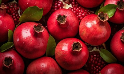 Ripe pomegranates with green leaves. Food background.
