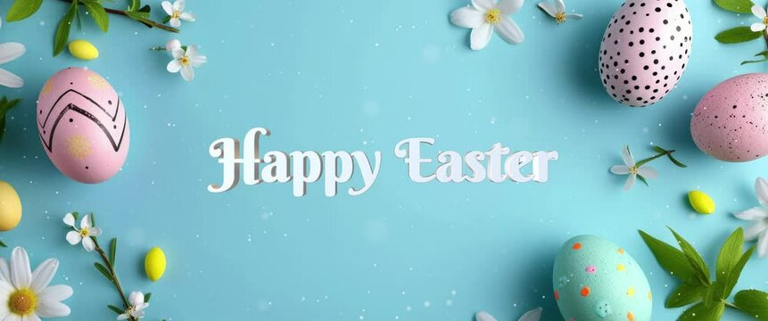 Anamorphic video happy easter lettering celebration with egg. motion holidays and spring style background.