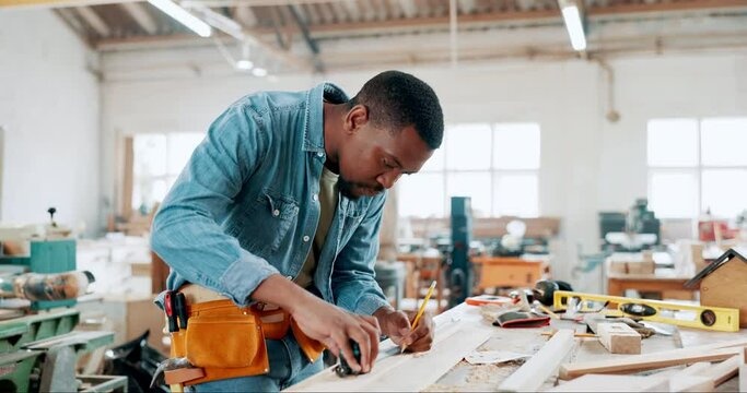Furniture, wood and measure with black man in workshop for manufacturing, planning and building. Hardware, remodeling and maintenance with carpenter in small business for timber and production
