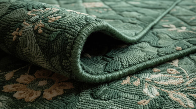 Close up detail shot of a green rug pattern
