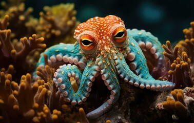 Fototapeta na wymiar An octopus is sitting on top of coral. Generative AI.