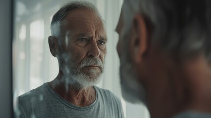 An older man looks at his reflection feeling defeated by time and the changes to his body.