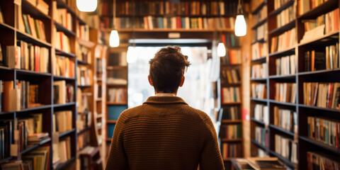 The Academic Encounter: A Thoughtful Young Man Choosing from a Vast Collection of Books on a Bookshelf in a University Library, Surrounded by Knowledge and Wisdom, Engaged in Research and Learning