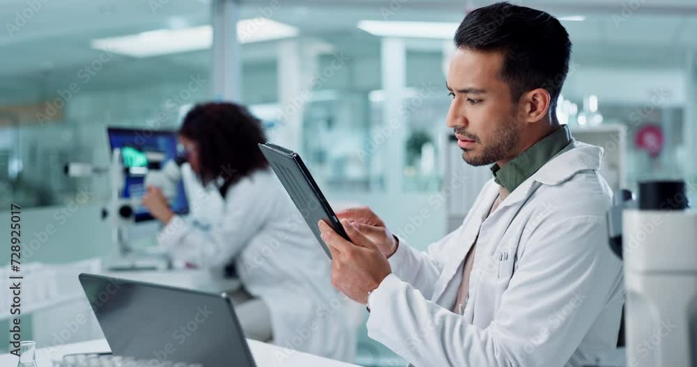Poster scientist, man and tablet for laboratory research, dna analysis and results in medical study at nigh