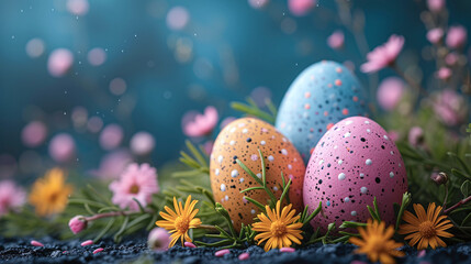 Fototapeta na wymiar Enchanting easter eggs nestled among spring flowers on a dreamy blue background, perfect for holiday designs.