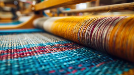 Colorful textiles on traditional loom. Artisan fabrics production