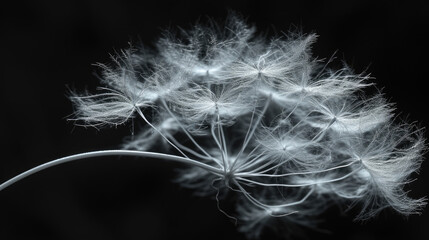 A hauntingly beautiful black and white image of a delicate plant with feathery seed structures in the stark contrast creates a dramatic and ethereal effect

