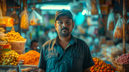 Obraz premium Global Market Rhythms: Multicolored Portraits of Street Vendors. High quality photo. Portrait of a street vendor in a bustling market, surrounded by colorful goods