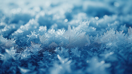 Intricate frost patterns spread across a blue-tinted surface
